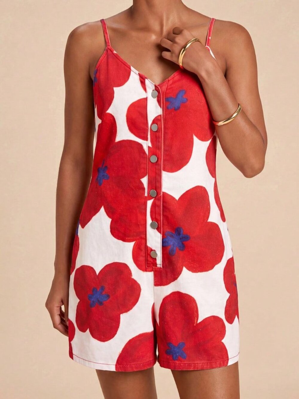 Multicolor Boho Women's Floral Print Button Spaghetti Strap Denim Romper